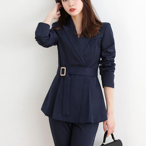 office ladies notched collar women blazer double breasted autumn jacket with waistband korean style casual female suits coat, White